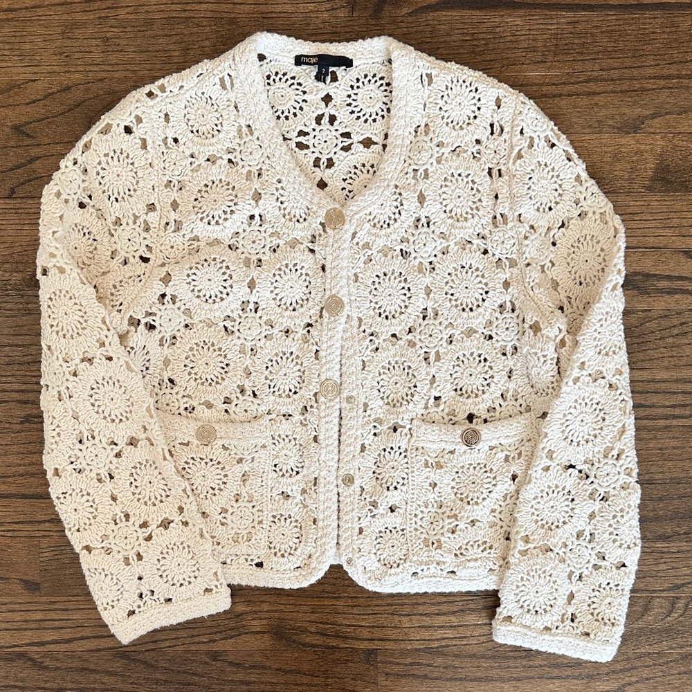 Maje Cream Crochet Openwork Button Cardigan